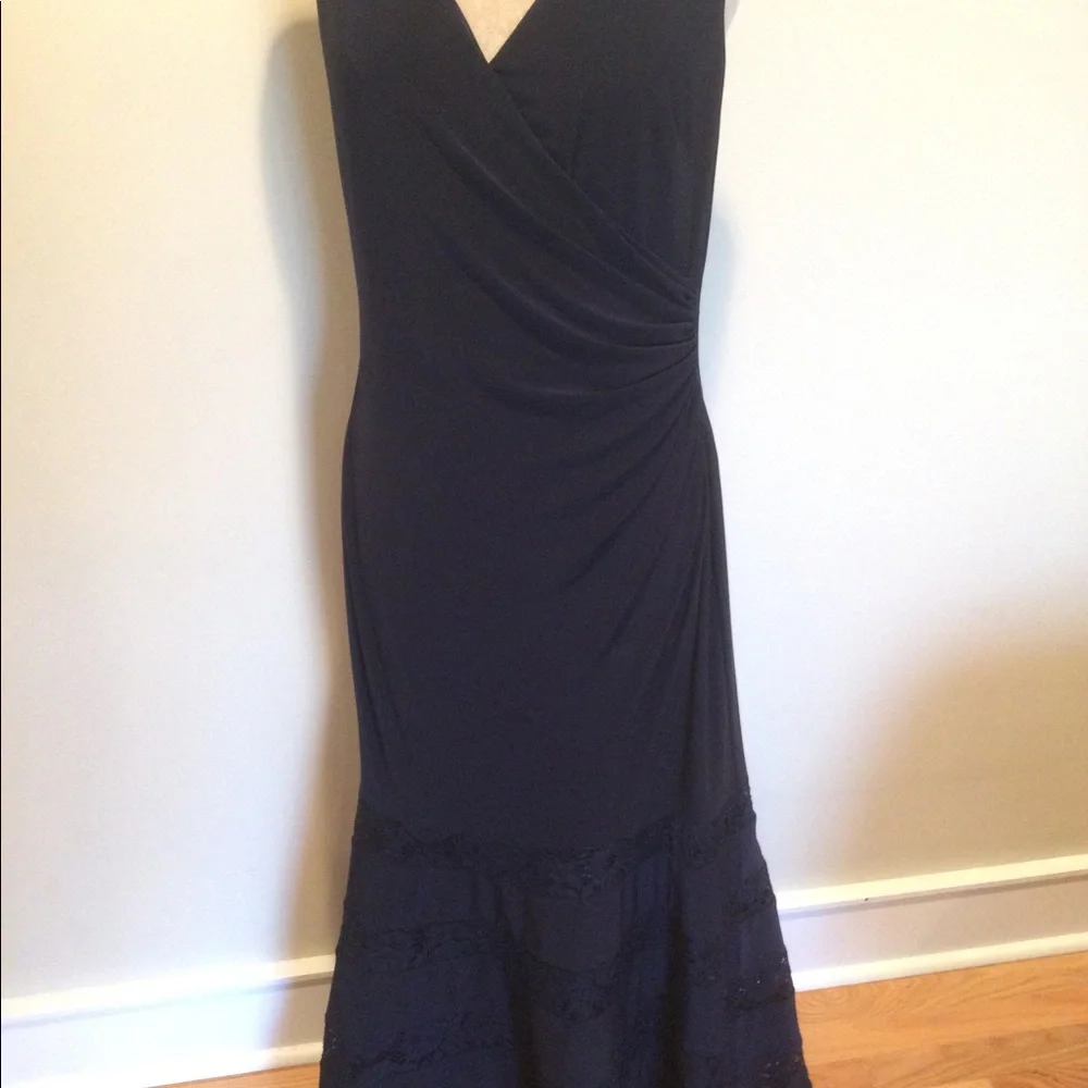 Ralph Lauren Navy Lace-Panel Jersey Gown Size 12 - Picture 9 of 13